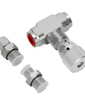 AUTOVIC STB-G3/8 3/8 inch hydraulic flow control valve with knurled knob and two adapters (front view)