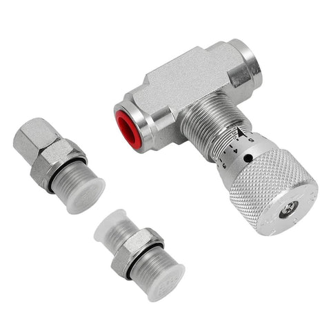 AUTOVIC STB-G3/8 3/8 inch hydraulic flow control valve with knurled knob and two adapters (front view)