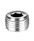 Close-up of a stainless steel hex head pipe plug from the 12 Piece Stainless Steel Heavy Duty Male Thread Internal Hex Head Pipe Plug Fittings Set