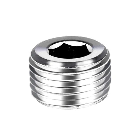 Close-up of a stainless steel hex head pipe plug from the 12 Piece Stainless Steel Heavy Duty Male Thread Internal Hex Head Pipe Plug Fittings Set