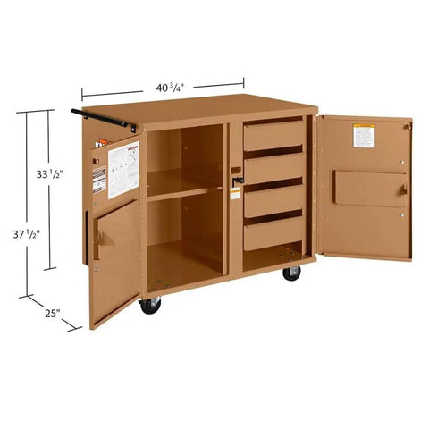 Heavy Duty Rolling Workbench Rig With Solid Heavy Gauge Steel Top And Watchman Iv Security Lock For Secure Garage Shop Tool Storage And Serious Diy Build Projects, mobile workstation with multiple drawers.
