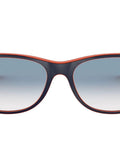 RB2132 New Wayfarer Gradient Sunglasses Unisex Small Fit Blue On Orange Frame With Clear Gradient Blue Lenses 55mm front view