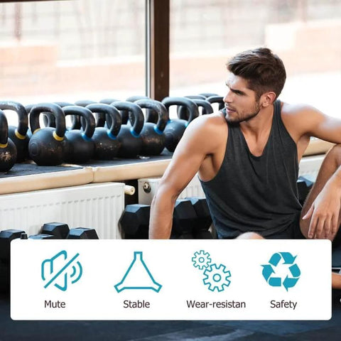 Man sitting in a gym near kettlebells and dumbbells with icons indicating mute, stability, wear-resistance, and safety