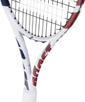 Close-up view of Boost Drive Strung Tennis Racquet for Beginners with Lightweight Graphite Frame and White Finish, 4 1 8 Inch Grip.