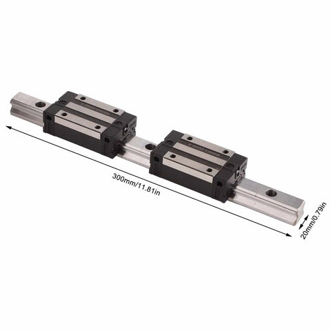 Precision HGR20 Linear Rail And Slide Set With Dual Bearings, 300 mm long, featuring dual carriages for CNC applications.