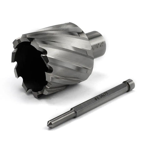 Heavy Duty HSS Annular Cutter 1-1/16 Inch Cut Dia With 3/4 Weldon Shank, includes guide pin for burr-free holes.