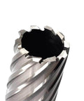 Close-up of annular cutter with 3/4 in Weldon shank and 1-1/2 in cutting diameter; HSS two-flat tool