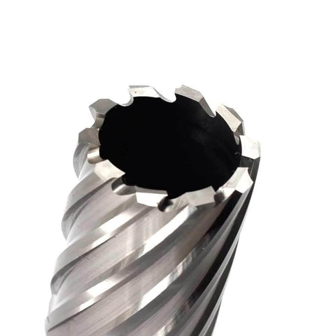 Close-up of annular cutter with 3/4 in Weldon shank and 1-1/2 in cutting diameter; HSS two-flat tool