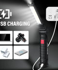 Rechargeable LED work light with USB cable shown charging, features 360° rotating head and durable grip, ideal for mechanics.