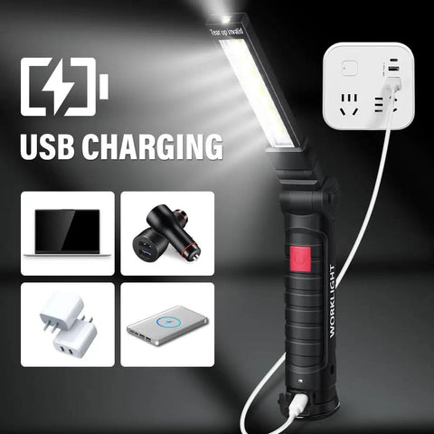 Rechargeable LED work light with USB cable shown charging, features 360° rotating head and durable grip, ideal for mechanics.