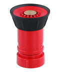 Badass Heavy Duty 1 Inch Fire Hose Nozzle Slick Red Thermoplastic Design Powers Up High Pressure Spray Jet Or Smooth Fog Pattern For Pro Firefighting And Backyard Irrigation Chores, showing red nozzle with black grip.