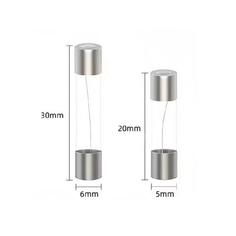 Assorted Glass Tube Fuses Kit 5x20mm And 6x30mm Fast Blow Range 0.1A To 30A with two fuses shown side by side with measurements