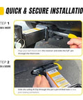 Installation process of Three Pack Trailer Hitch Pins And Clips With Rubber Coated Yellow Grips Five Eighths Inch Pin Diameter Fits Two Inch Receiver Zinc Plated Steel Bent Handle For Easy Grip No Fuss, showing alignment and securing steps.