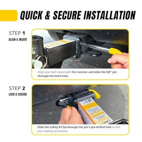 Installation process of Three Pack Trailer Hitch Pins And Clips With Rubber Coated Yellow Grips Five Eighths Inch Pin Diameter Fits Two Inch Receiver Zinc Plated Steel Bent Handle For Easy Grip No Fuss, showing alignment and securing steps.