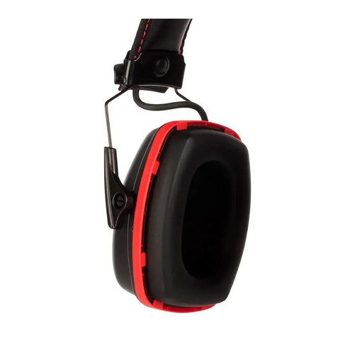 Close-up of Wireless Bluetooth Earmuffs With Boom Microphone For Hands Free Calls And Music Streaming On The Job Site Noise Reduction Hearing Protection With Rotating Mic For Clear Communication showing ear cushion and adjustable headband.