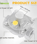 Teengse 1/2 in natural gas regulator, metal body with yellow cap, front view showing 1/2 in NPT inlet and outlet