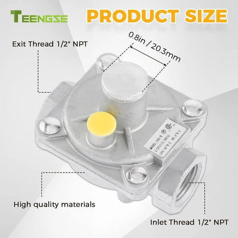 Teengse 1/2 in natural gas regulator, metal body with yellow cap, front view showing 1/2 in NPT inlet and outlet
