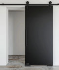 4 Set Barn Door Floor Guide Kit Black Plastic Bottom Floor Mount Guides for Sliding Doors in modern room setting.