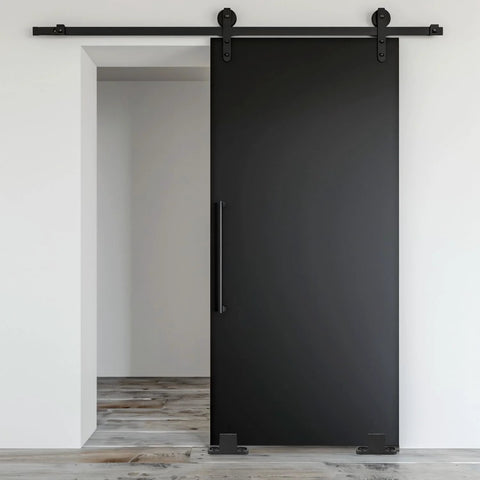 4 Set Barn Door Floor Guide Kit Black Plastic Bottom Floor Mount Guides for Sliding Doors in modern room setting.