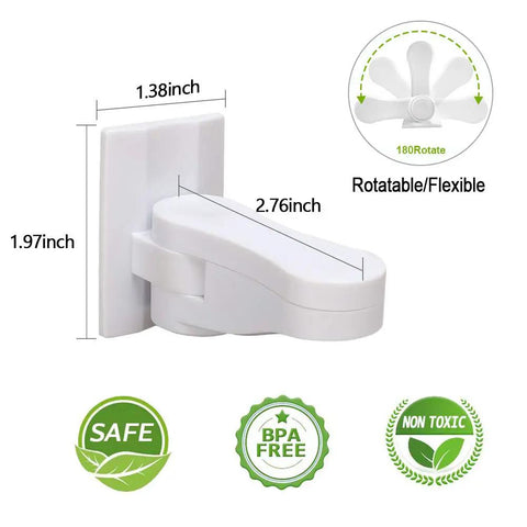 Kid Friendly Door Lever Lock For Easy Baby Proofing No Drill Install Simple One Hand Use Toddler Safe Door Handle Lock For Doors And Faucets Strong ABS Adhesive 4 Pack with dimensions and safety icons