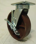 Eight By Two Inch Swivel Caster Kingpinless Ductile Steel Wheel With Brake Two Thousand Lbs Capacity Heavy Duty red base side view