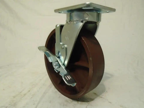 Eight By Two Inch Swivel Caster Kingpinless Ductile Steel Wheel With Brake Two Thousand Lbs Capacity Heavy Duty red base side view
