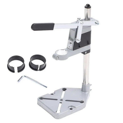 Universal Adjustable Bench Drill Stand Crafted With Slick Aluminum Alloy Plate For Rock Solid Hand Drill Clamping And Hella Smooth Workshop Precision Operation with steel column and clamps.
