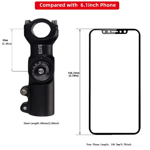 Adjustable Bike Stem With 0-90 Degree Rotation, 31.8mm Or 25.4mm Clamp, 60mm-100mm Length, CNC 6061 T6 Aluminum beside phone