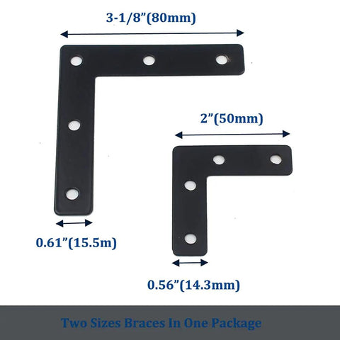 Two Size Black Iron Corner Braces With Screws For Picture Frames 2x2 Inches And 3 And 1 Eighth Inches Square Flat L Angle Brackets