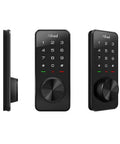 Side and angled views of Hardcore Touchscreen Smart Door Lock With Keypad And Bluetooth For One Touch Entry Proximity Phone Unlock AA Battery Powered Beefy Motorized Deadbolt Security For Home Or Apartment