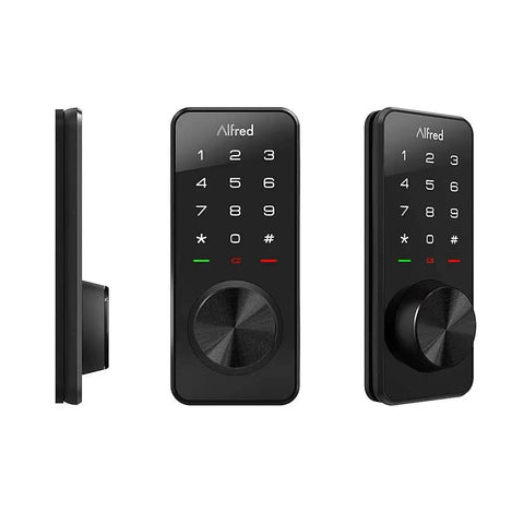 Side and angled views of Hardcore Touchscreen Smart Door Lock With Keypad And Bluetooth For One Touch Entry Proximity Phone Unlock AA Battery Powered Beefy Motorized Deadbolt Security For Home Or Apartment