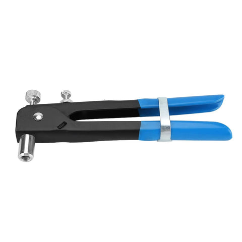 Ultimate Rivet Nut Riveter Kit With Premium Aluminum Steel Handle And 86 Pieces Mandrels For Super Easy Install And Heavy Duty Metal Works That Are Totally Sick To Use. blue-handled rivet nut tool with threaded mandrel