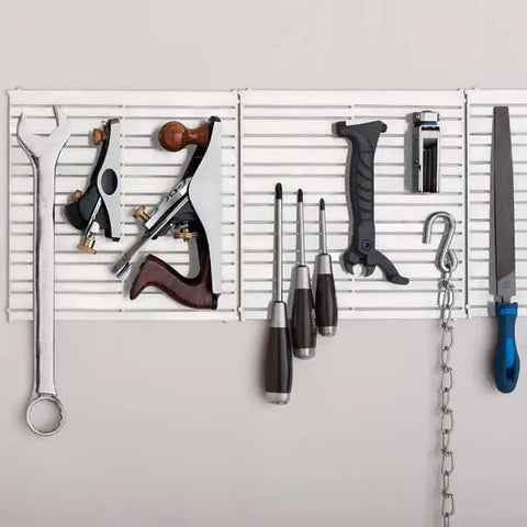 Magnetic Tool Holder 12x12 Inch Garage Organization Panel For Wall Mount Storage with tools attached, durable steel construction.