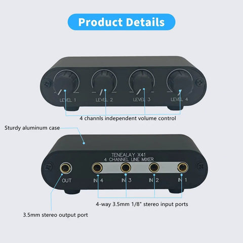 Front and back view of Pocket Sized 4 Way Stereo Audio Mixer Dope Compact Passive Box With Independent Channel Volume Knobs For Each Input 1 Output For Home Studio And Live Performance