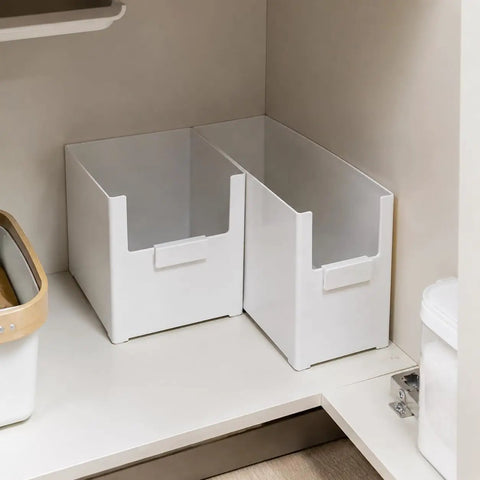 Versatile Big Capacity Heavy Duty Stackable Storage Bins Open Top Space Saving Closet Organizer with white label in cabinet.