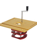 Handy Manual Router Lift Table With Slick Height Adjustments And Rock Solid Locking Grip Super Easy Install For Precision Woodworking Builds That Absolutely Nails The Cut Every Time. Gold aluminum top with red base, ideal for router setup.