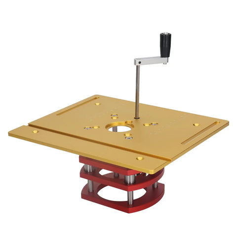Handy Manual Router Lift Table With Slick Height Adjustments And Rock Solid Locking Grip Super Easy Install For Precision Woodworking Builds That Absolutely Nails The Cut Every Time. Gold aluminum top with red base, ideal for router setup.