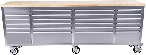 96 Inch Rolling Tool Chest With 24 Drawers, Garage Workbench And Mobile Cabinet With Locking Wheels, Solid Rubber Wood Top