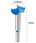 Woodworking self-centering hole saw cutter, 30mm blade, silver shank with blue cap, 75mm overall length