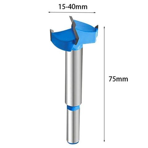 Woodworking self-centering hole saw cutter, 30mm blade, silver shank with blue cap, 75mm overall length