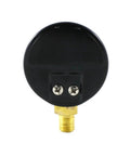 Front view of SÜA high-pressure gauge for oxygen regulator, black circular housing with brass threaded connector