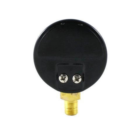 Front view of SÜA high-pressure gauge for oxygen regulator, black circular housing with brass threaded connector
