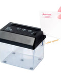 No Hassle Mini Paper Shredder With Built In Letter Opener USB And Battery Powered Quiet Strip Cutter for A6 documents in use.