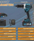 Heavy Duty Cordless Rivet Nut Installer Gun Boasting 26V Brushless Motor And M3 To M12 Heads with battery and case, dimensions shown.