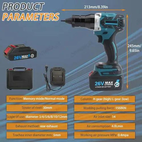 No Plug Hassle Badass 26V Cordless Rivet Nut Gun Kit with two batteries, showing features and sizes for metal fastening tasks.
