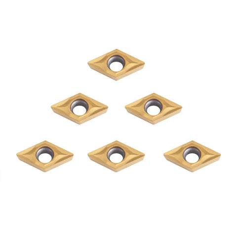 Carbide Tips Set For Lathe Turning Tools 10 Piece Boxed Set Pro Grade Heavy Duty For Finishing Semi Finishing And Roughing Steel And Stainless Steel Quality Craft Tool Kit shown with six diamond-shaped carbide tips.