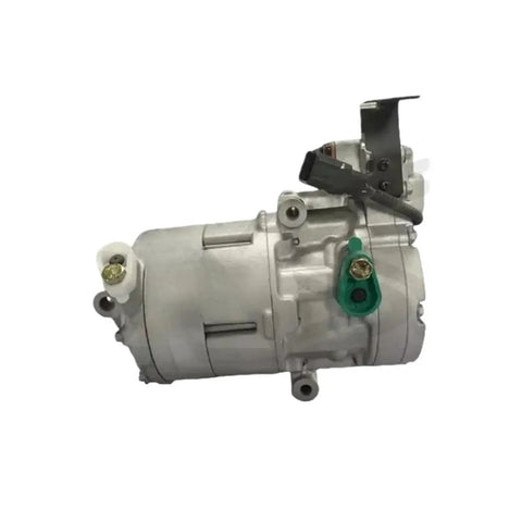 Legit Grade Electric AC Compressor Compatible With Hyundai Kona And Kia Niro EV 97701K4000 97701-K4000 HES33 shown at an angle, compact and silver finish, designed for easy installation.