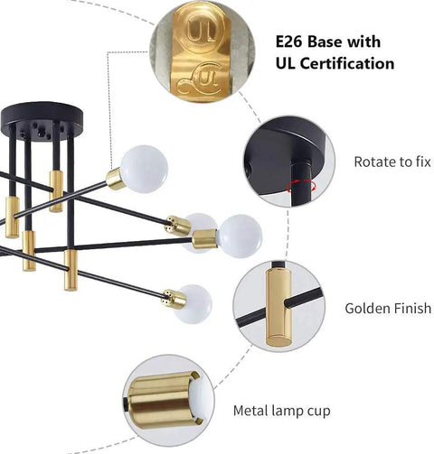 Mid Century Modern Chandelier Ceiling Light Fixture With Black And Gold Finish details, E26 base, adjustable arms, UL mark