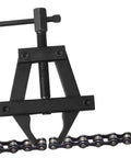 Heavy Duty Motorcycle Chain Tensioner Tool Slick Gear Adjuster Fastener For Shop And Garage Work showing black steel build with chain.
