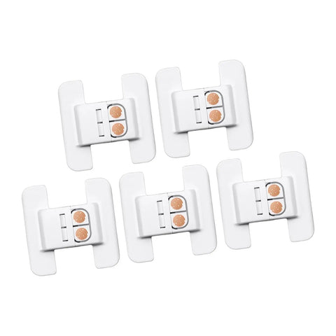 Set of five Sticky Mount Automatic Fridge Door Closers for Cabinets and Drawers Locking Mechanism in white, nonslip design.